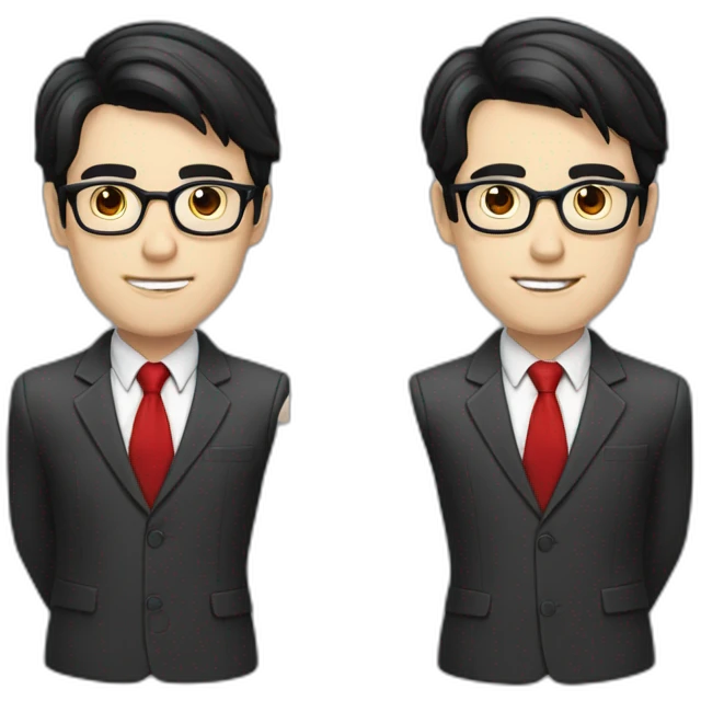 Man in a suit and red necktie with black hair, pale skin, black reading glasses, emoji