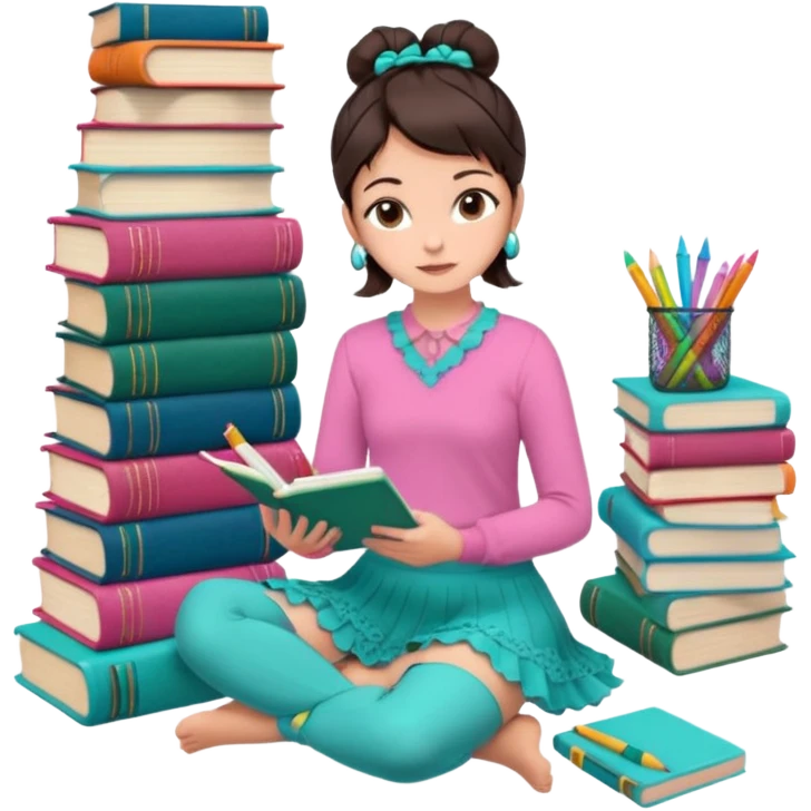 A brunette woman with straight, dark brown hair styled in two buns wears a pink long-sleeved shirt and a turquoise lace ruffled skirt. She is barefoot and holds a crayon in one hand. She sits cross-legged on the floor, which is covered with stacks of colorful notebooks. Art Deco style illustration. emoji