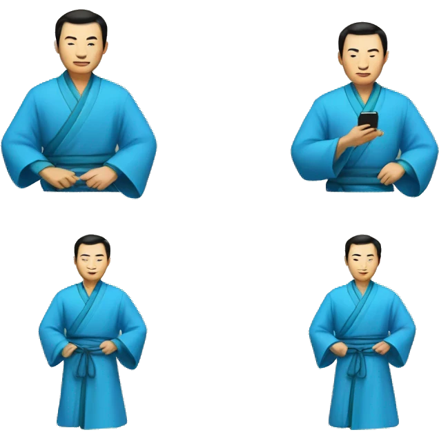 Chinese man in a blue robe makes an iPhone emoji