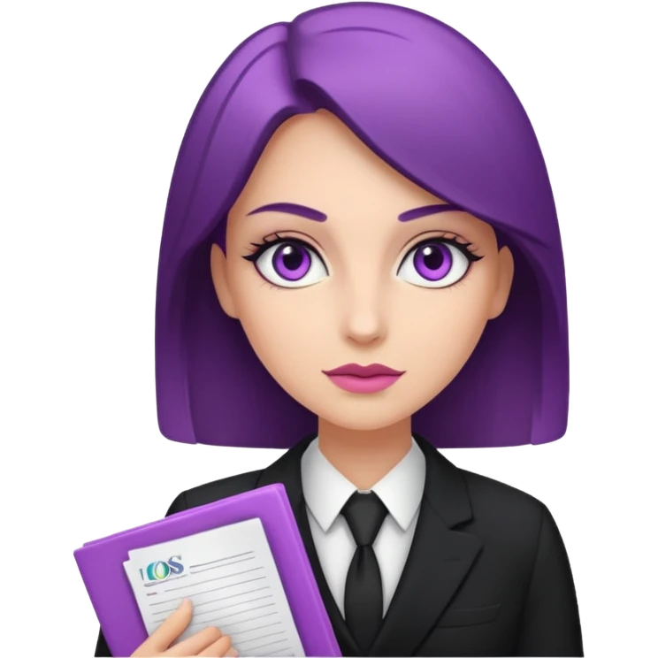 White woman with light purple eyes, with make up in black suit and documents  emoji