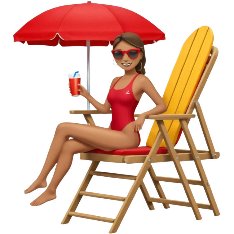 Female lifeguard – red swimsuit, sunglasses, sitting on tall lifeguard chair. emoji