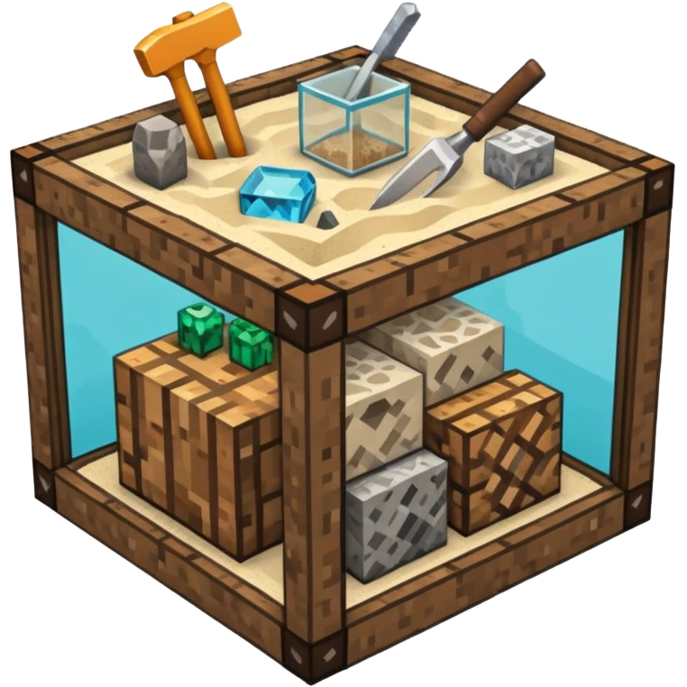 minecraft crafting tabme with tools, stone, wood, glass, sand, ... in a minecraft cube crafting table emoji