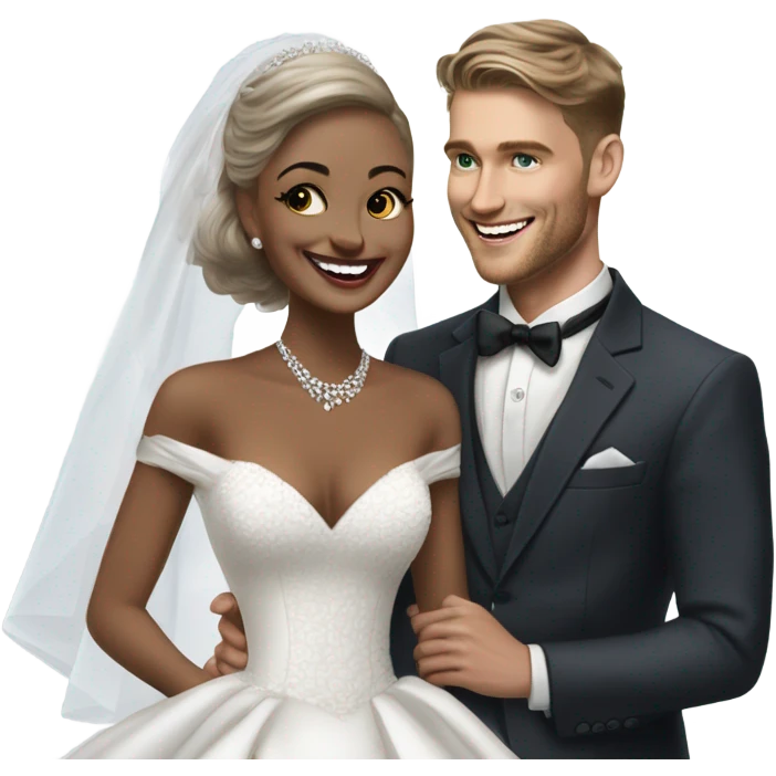 Hyper Realistic beautiful dior bride laughing with a handsome male model groom
 emoji