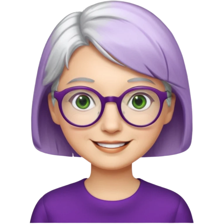 visage femme a lunettes ronde avec cheveux courts gris-blancs aux yeux verts qui souris habillé en violet emoji