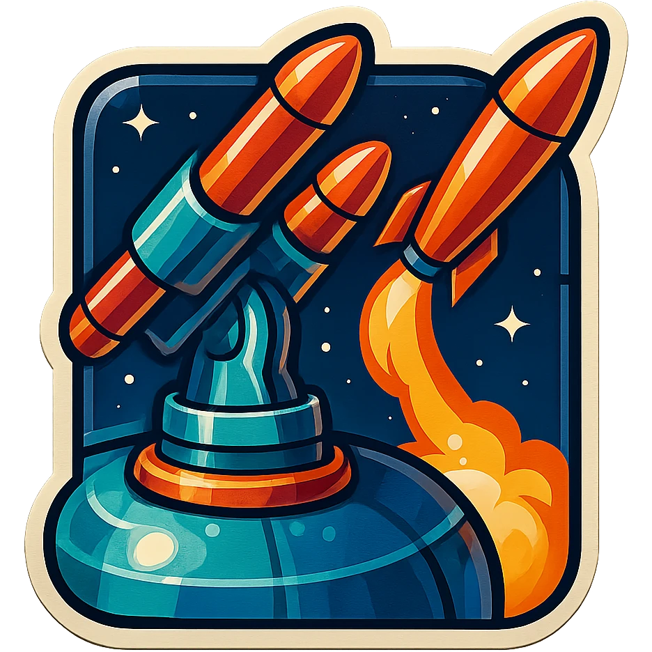 missile battery on a space station launching a missile, retro stickers style, close-up emoji