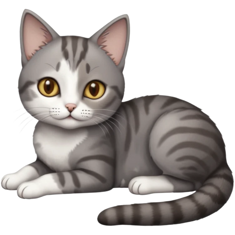 full body tiny short hair dark grey and white cat with hazel eyes lying down emoji