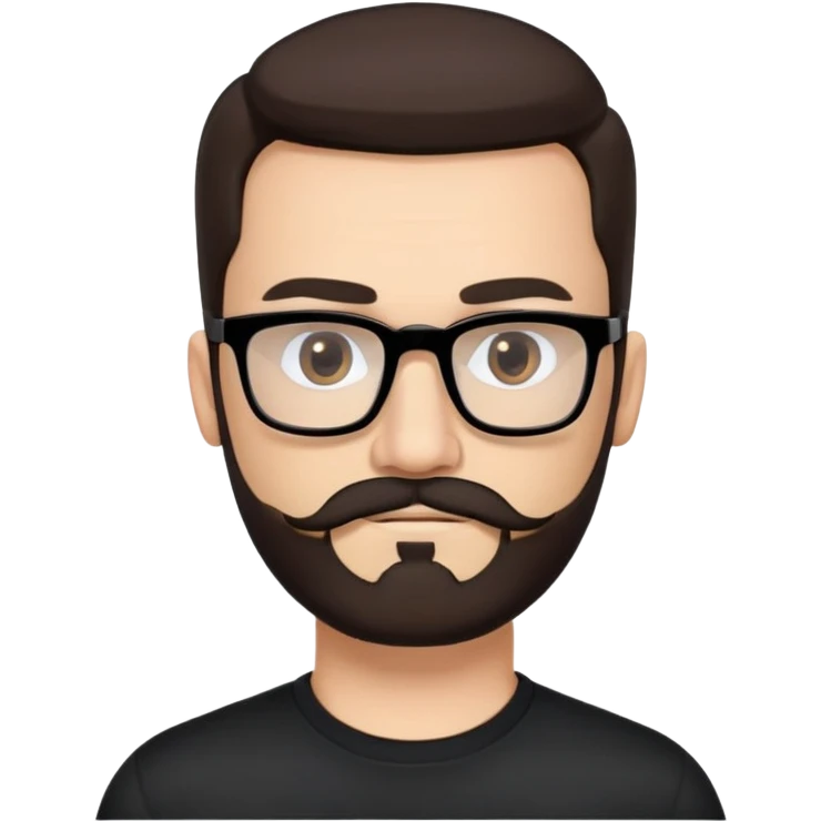 Caucasian male, long- hair straight dark brown hair combed back, thick dark eyebrows, rectangular black eyeglasses, full beard and mustache neatly groomed, neutral facial expression, wearing a black crew neck shirt. emoji