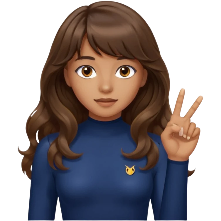 Uzun kahverengi dalgalı saçlı kahverengi gözlü esmer perçemli üzerinde lacivert parmak detaylı body olan bir kız yap saçları kabarık olmasın emoji