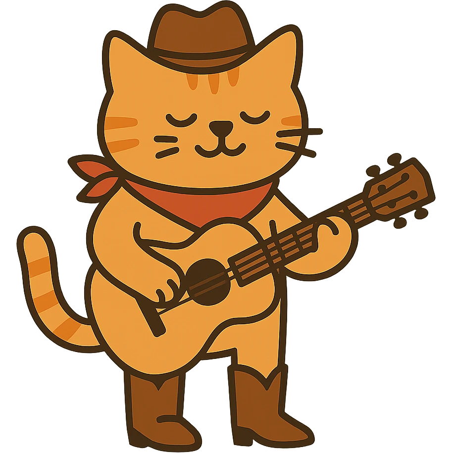 flat toon orange cowboy cat strumming an acoustic guitar, wearing cowboy boots and a bandana emoji