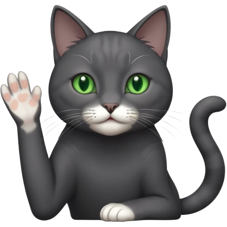 full body gorgeous solid dark grey cat with green eyes, white paws and white whiskers reaching for something emoji