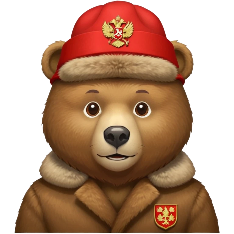 Russian brown bear wearing a red ushanka hat with Russian coat of arms emblem, front view, iOS emoji style emoji