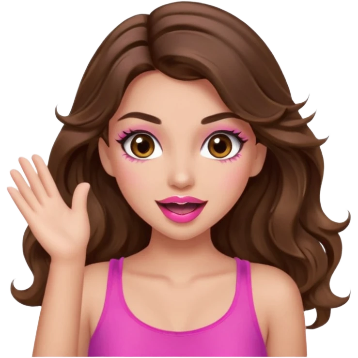 girl with long wavy brown hair, brown eyes, long lashes makeup, sexy pink lips, light to medium complexion, pink sexy top,slapping emoji