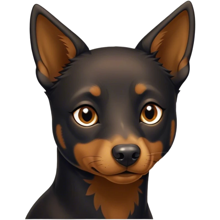 Cinematic Noble Black and Tan Kelpie Portrait Emoji, Poised and regal, with a strong, agile build and a glossy, well-groomed Fur of deep black and tan accents, piercing dark eyes, Simplified yet sharp and sophisticated features, highly detailed, glowing with a soft, dignified glow, high shine, intelligent and energetic, stylized with an air of determination, focused and attentive, soft glowing outline, capturing the essence of a watchful and confident herder, so majestic it feels as though it could bound out of the screen with effortless authority! emoji