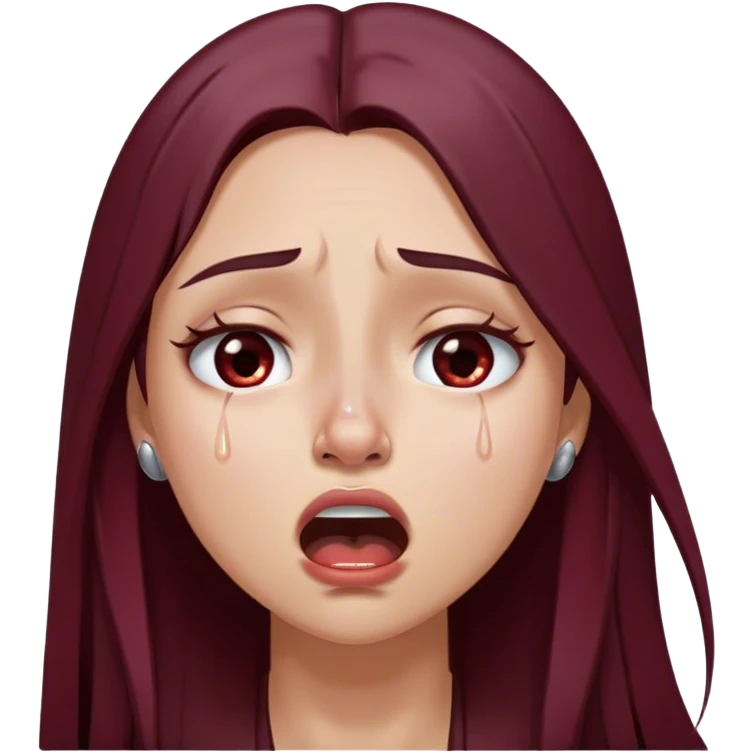 emoji of girl crying hysterically with tears dripping down eyes with maroon dark long hair in a middle part with straight nose hazel eyes medium perfect eye brows with  a nose ring silver on the right nostril  emoji