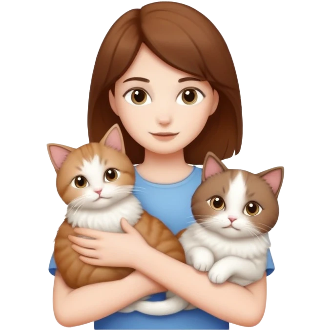 short brown haired white girl holding two cats. one is a white fluffy cat. the other cat is a brown fluffy cat emoji