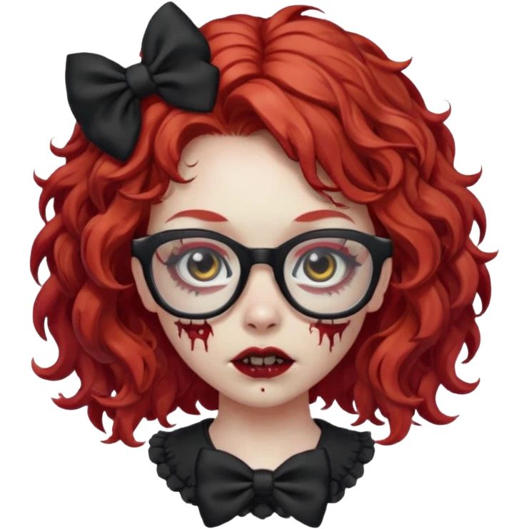 Zombie girl,with curly red hair,glasses,black bows emoji