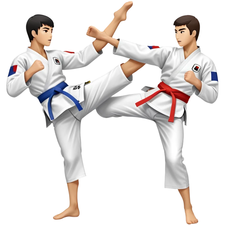 Two taekwondo fighters in a competition arena, one performing a high spinning kick towards the opponent’s head, while the other blocks with a precise guard. The background features a dynamic, bright arena with flags, emphasizing speed and agility in the martial art. Transparent background  emoji
