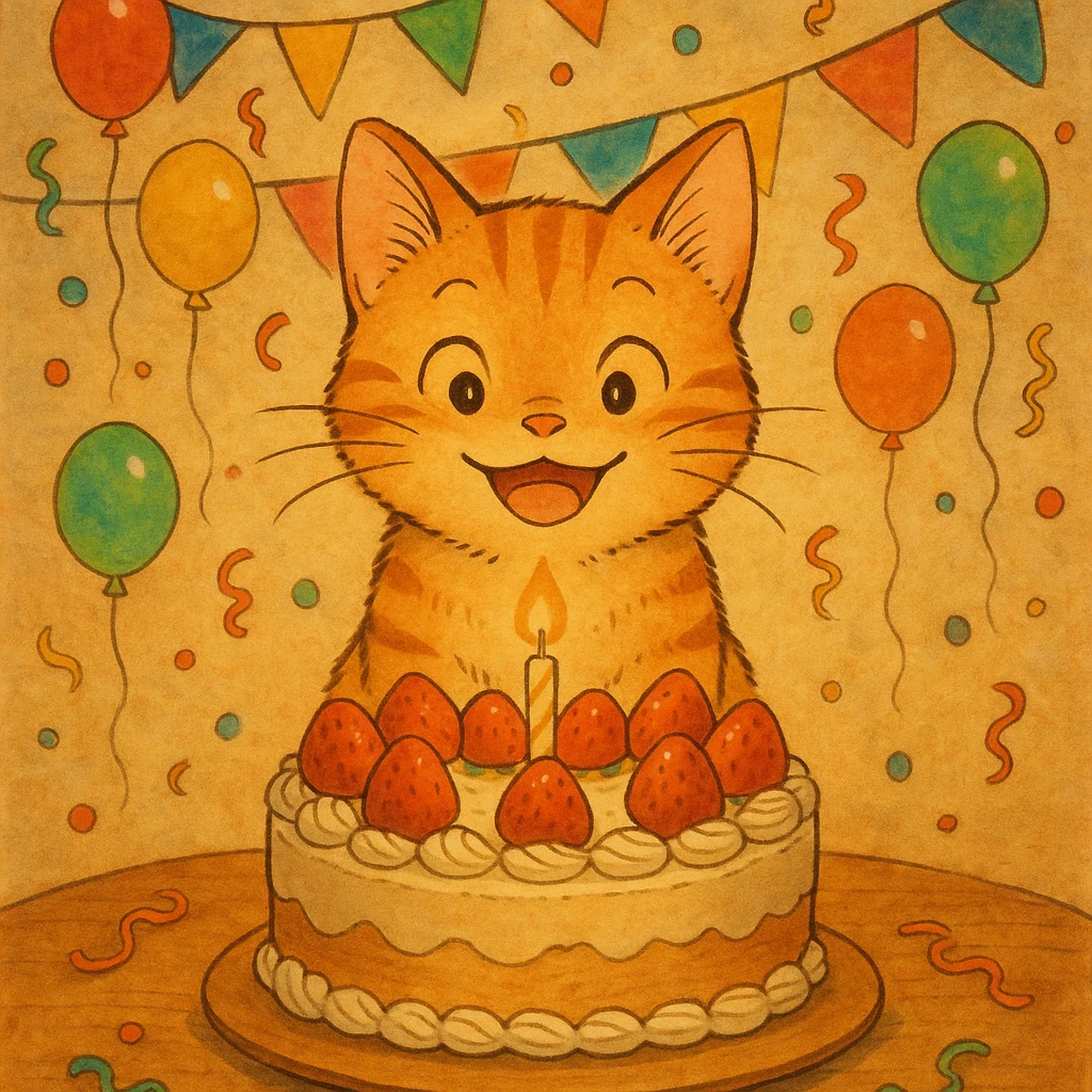 ginger tabby kitten with birthday cake, festive decorations, happy expression, ghibli style birthday scene emoji