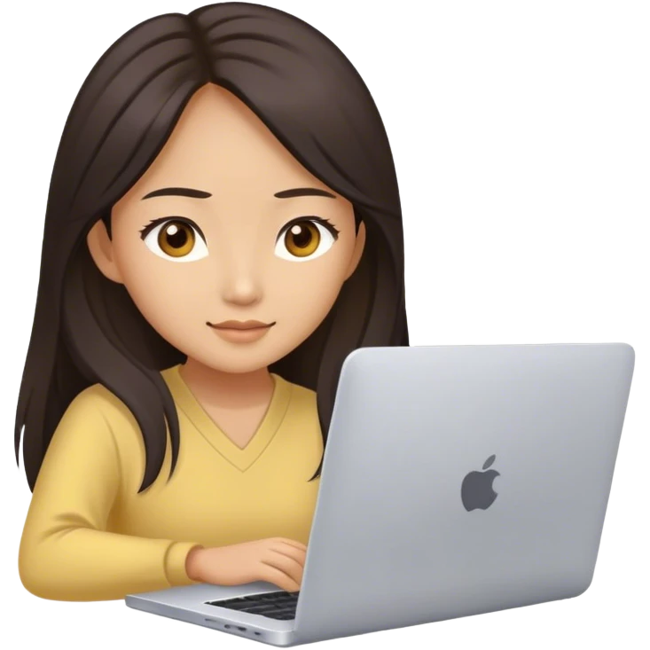 Long hair asian woman working on pale yellow laptop with brown eyes in zoom meeting  emoji