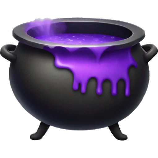 Cauldron with a purple potion bubbling no face emoji
