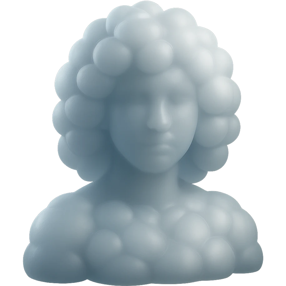 person looking straight, made entirely of very voluminous white fluffy convex clouds, shoulder length, matte glass style, no background emoji