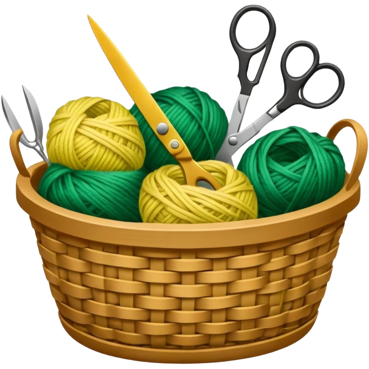 A tidy basket with neatly arranged green and yellow skeins and scissors. emoji