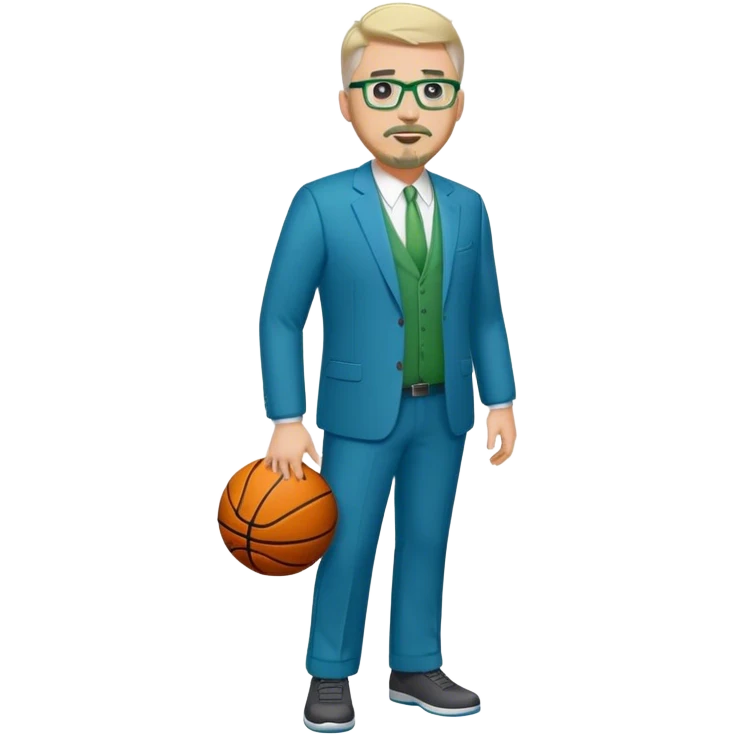 Full Body plus size white male basketball team manager with glasses blondish gray short hair with a goatee wearing blue and green suit emoji