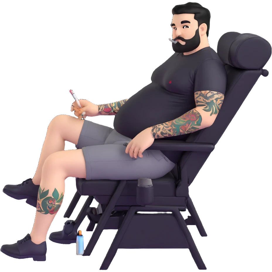 Large man reclining in chair, legs spread showing tattooed left calf, smoking a cigarette, round face, very short black hair, well-groomed beard with small mustache, light skin, black t-shirt with light stripes at top riding up to show belly, black shorts, arms and left calf covered in matching black graphic tattoo patterns emoji