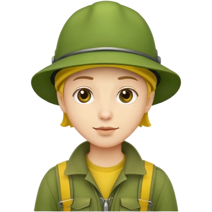 
explorer photographer, green clothes, yellow hat emoji