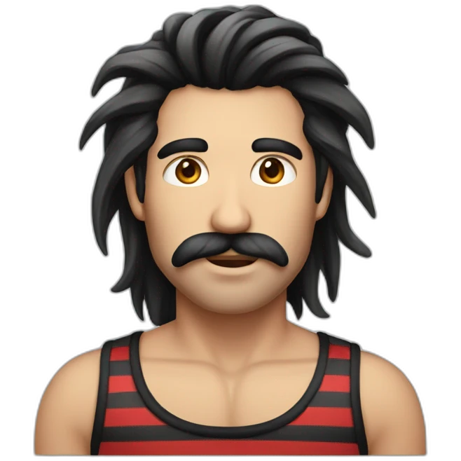 male with long black mane, long moustache and striped black and red tank top emoji