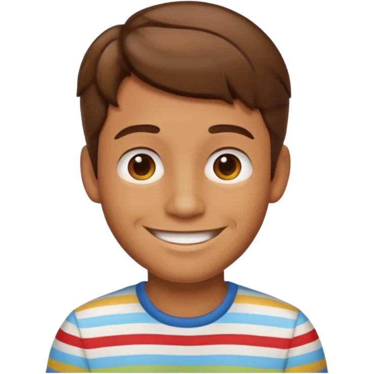 “Cartoony emoji avatar man, tanned skin, short wavy hair, wearing a striped shirt, smiling, clean turquoise background.” emoji
