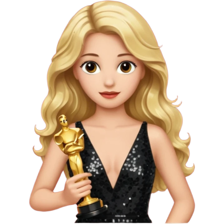 blonde model, brown eyes, long wavy hair, oscars red carpet, black sequin, holding oscar emoji