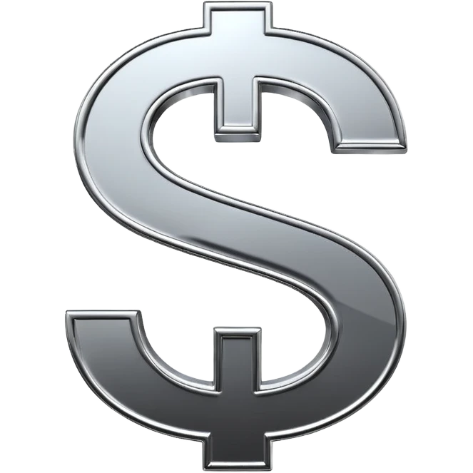 A double dollar sign emoji made of polished silver chrome, smooth metallic surface, glossy reflections, luxury swag vibe, minimal iOS emoji style, centered on white background emoji