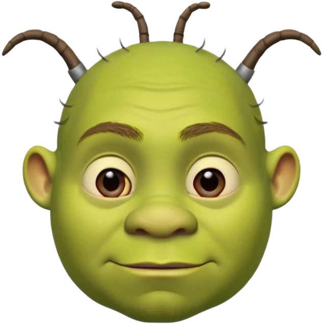 Shrek avec deux petites antennes-oreilles cylindriques plantées de chaque côté de la tête : elles sont courtes, épaisses, avec une ouverture ronde à l’extrémité.
 emoji