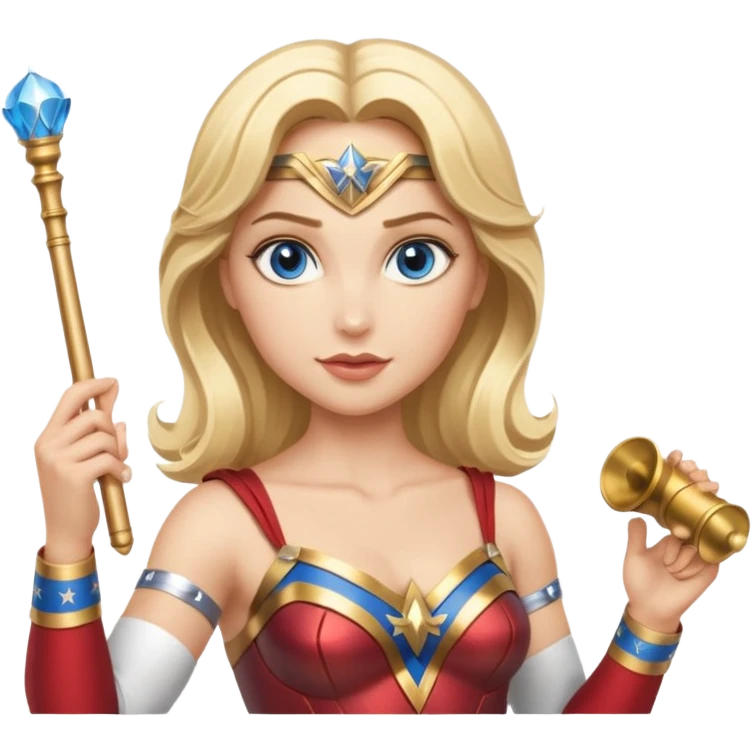 Blonde blue eyed Wonder Woman holding white orchestra conductor’s baton and bell emoji