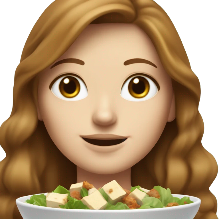 White girl Brown hair blue eyes freackles eating Tofu salad emoji