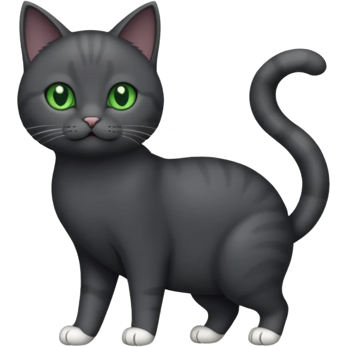 full body gorgeous solid dark grey cat with green eyes, white paws and white whiskers playing emoji
