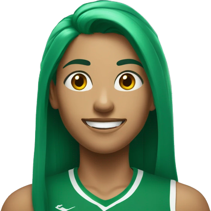 A woman in a green sports top with long green hair smiles broadly  emoji