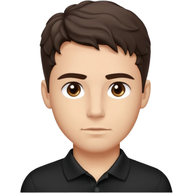 He’s a man with light to medium skin, a defined oval face, full brows, deep-set eyes, and wavy short dark brown tall hair styled with height, sides are trimmed. muscular. expression calm and focused relaxed black polo shirt. polished, articulate, and coach vibe. emoji