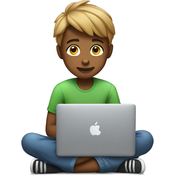 a 12 year old boy sitting in front of his macbook with his iphone 16 next to him emoji