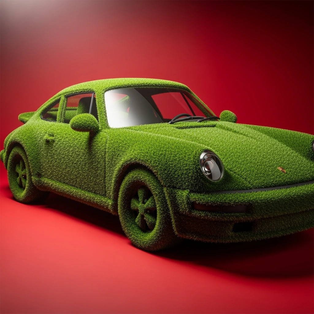 Medium shot of a porsche 911 made of green grass, red solid studio background, low keu light, top soft light, dutch angle,  captured by arri alexa emoji
