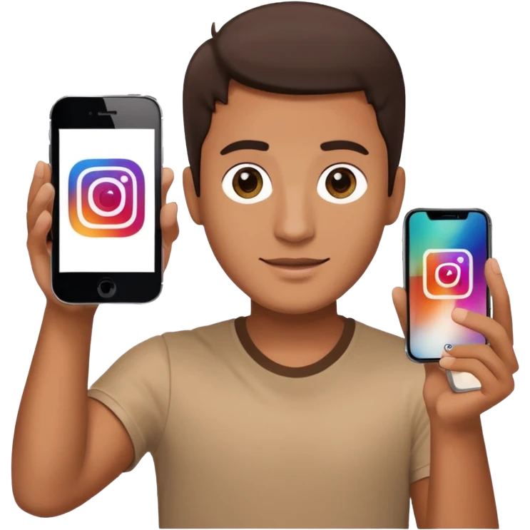A man in frontal view holding up one iPhone toward the camera. The screen of the iPhone clearly displays the Instagram logo, brightly illuminated.  emoji