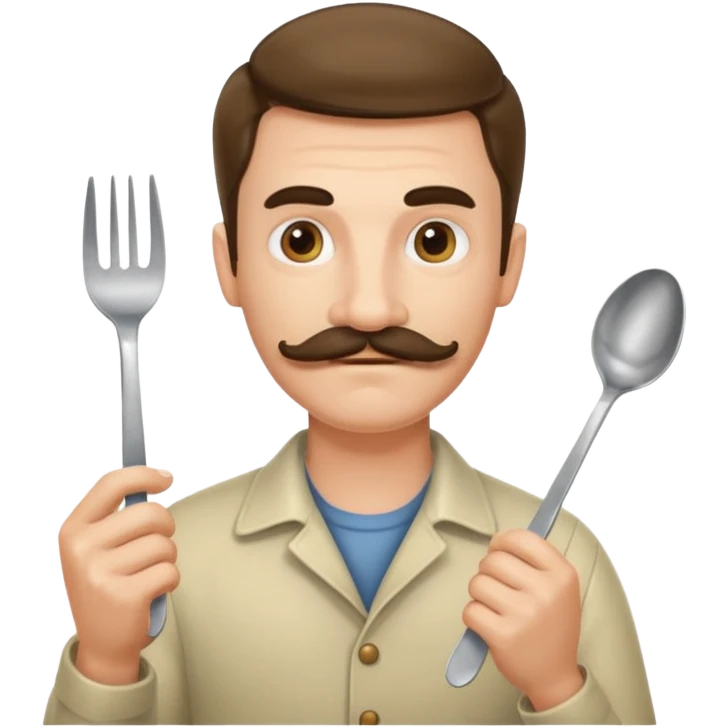 Caucasian guy with a mustache holding a spoon and a fork emoji