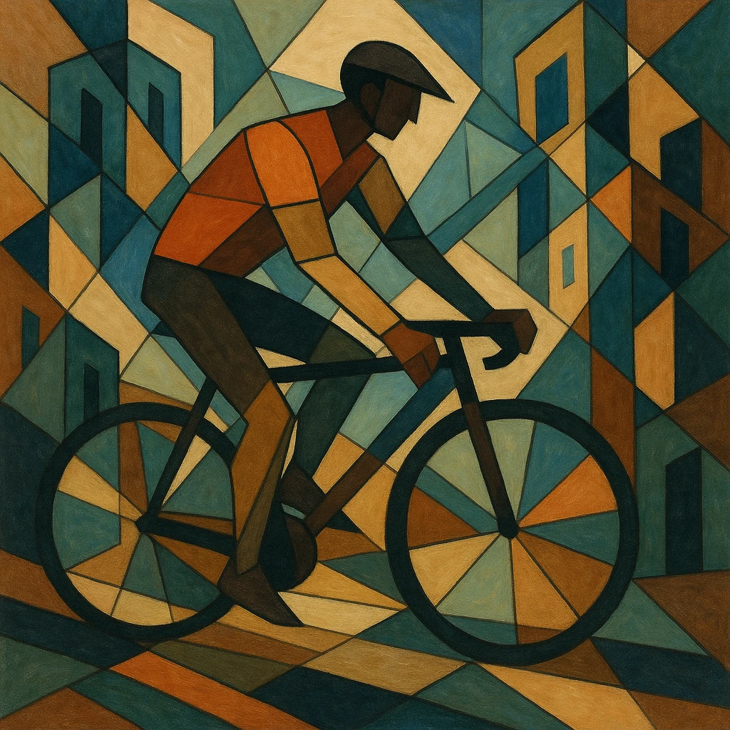Cyclist riding through a jagged cityscape of distorted perspective.
 emoji