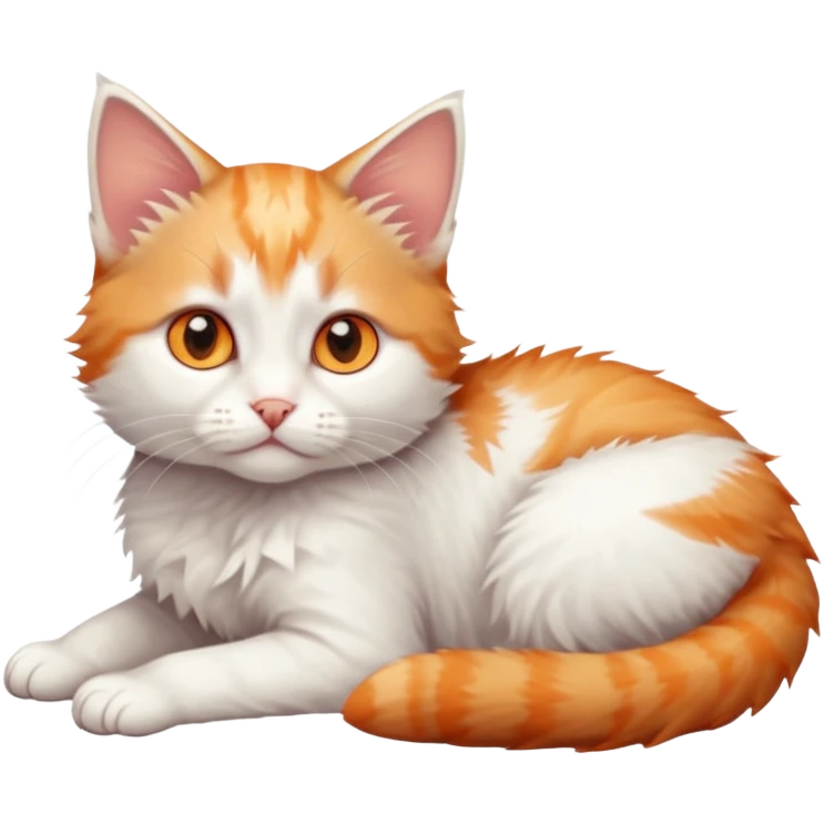 full body of very small + skinny ginger and white kitten with deep orange eyes and triangular shaped face lying down emoji