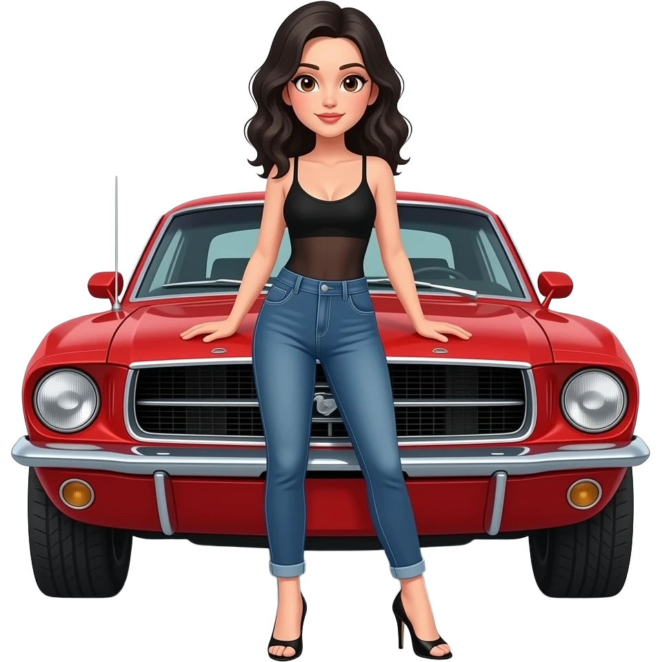 Pale girl with black wavy hair and brown eyes in front of a red ford mustang 1968 coupe. Girl wearing a sheer black sleeveless top, medium neckline, jeans and heels with visible toes. Legs wide spread and hands resting on the hood. emoji