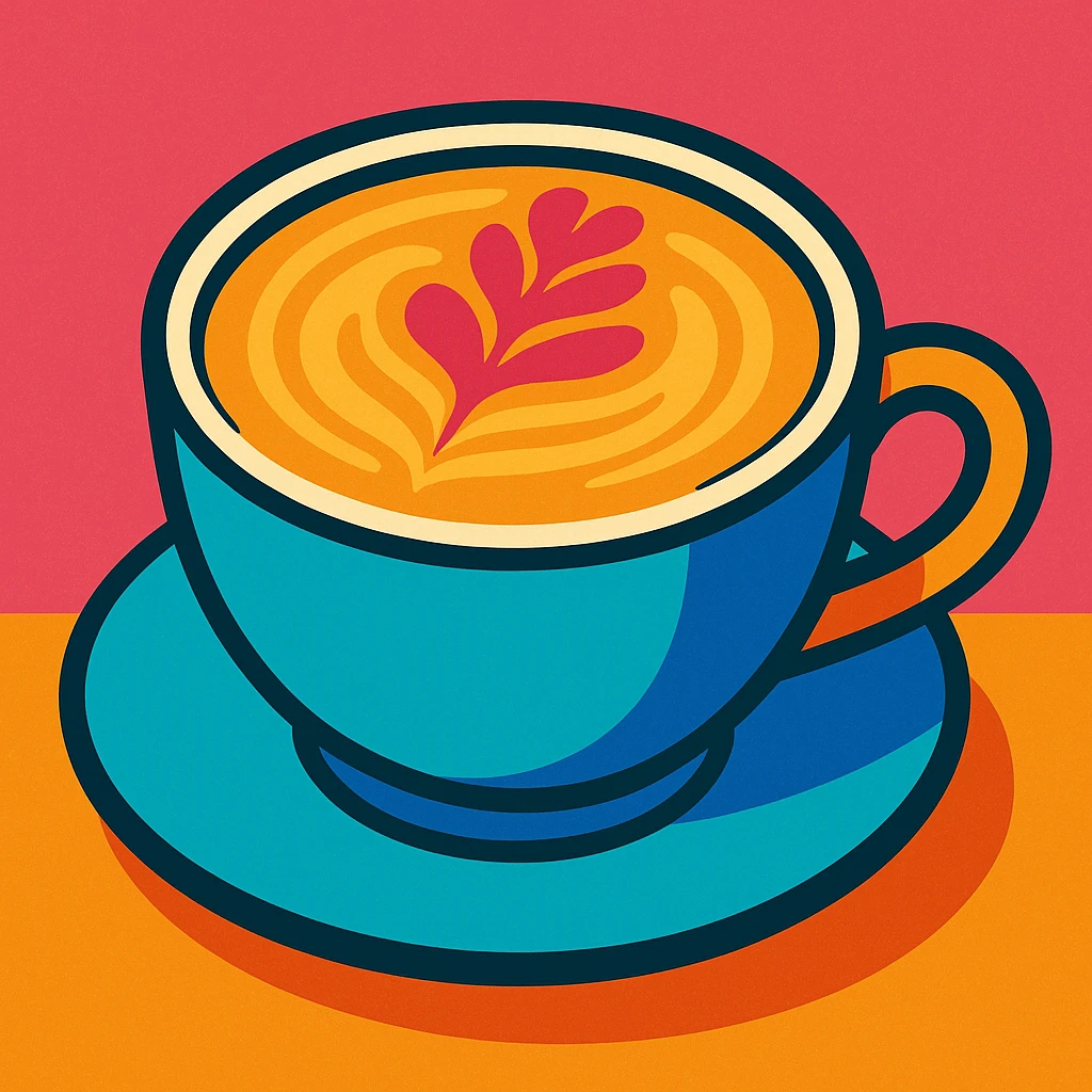 cafe latte with latte art print, vibrant colors, cartoon style emoji