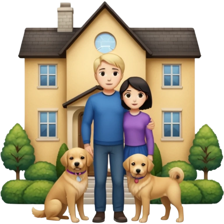 Девушка с тёмными короткими волосами стоит на фоне большого дома рядом с ней мужчина со светлыми волосами обнимаются рядом собака emoji