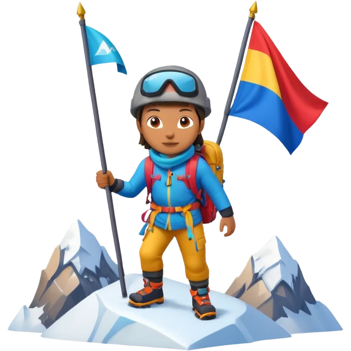 A 3D cartoon mountaineer standing on a snowy Everest-like summit with a flag, wearing colorful climbing gear, soft lighting, Memoji-style. emoji