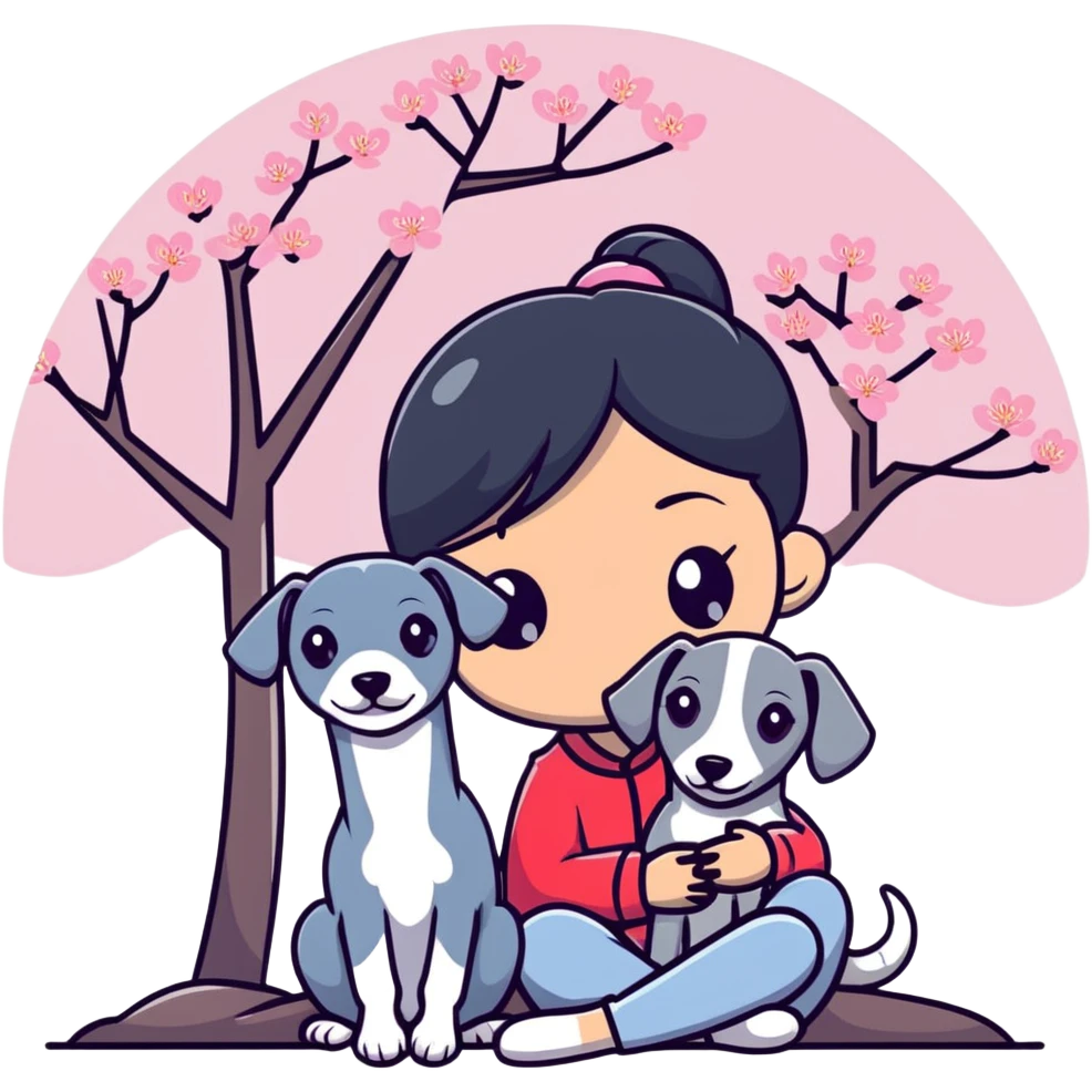 A young Chinese girl with long black hair and a pure grey Italian Greyhound with no white markings sitting under a cherry blossom tree emoji